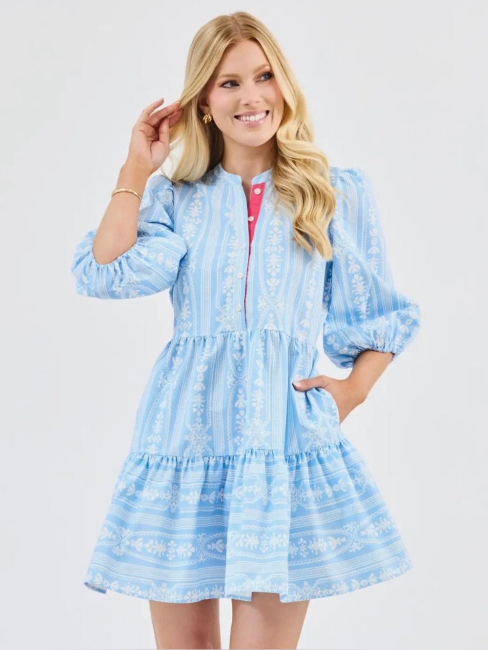 Multi Blue 3/4 Sleeves Tiered Striped Tulip Tapestry Dress